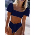 thumbnail image 2 of Womens Cute Solid Bubble Sleeves High Waisted Two Piece Bikini Swimsuit,Blue,XL, 2 of 4