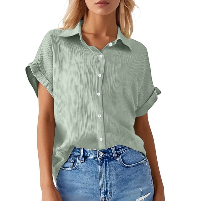 Women's Solid Color Casual Batwing Sleeve Button Pocket Short Sleeve Shirt