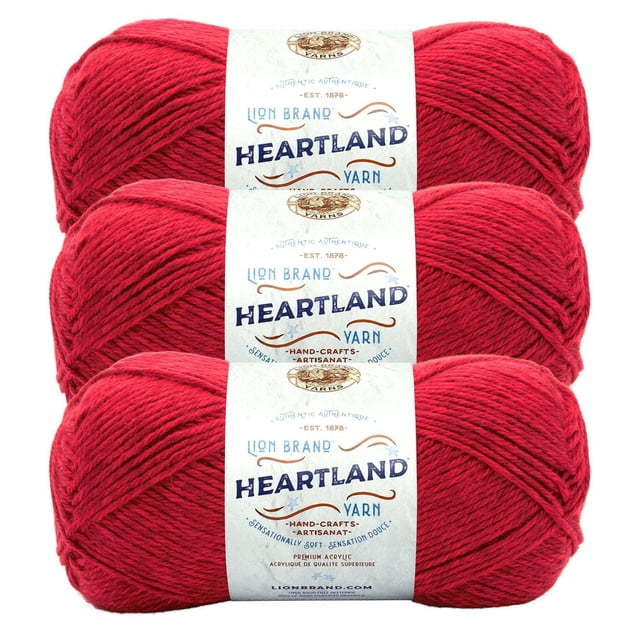 Lion Brand Yarn Heartland Yarn 3Pack with three skeins of deep red worsted weight acrylic yarn, each labeled with the brand and product name, machine washable and ideal for knitting, crochet, and crafting projects.
