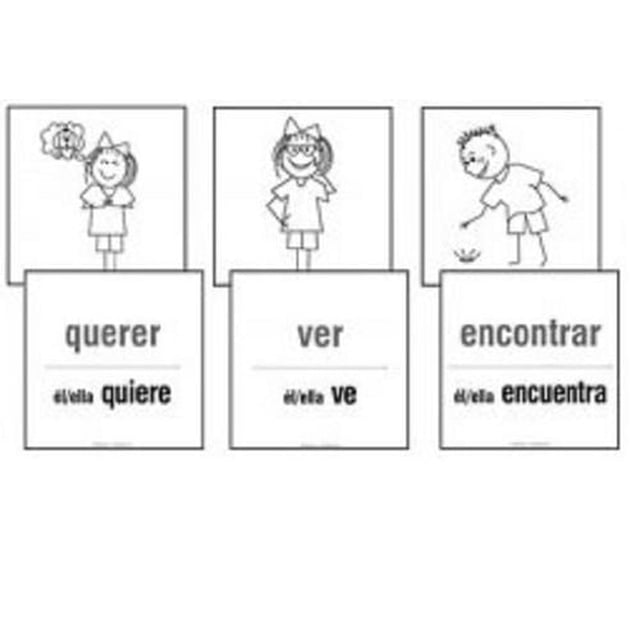 Poster Pals Spanish Action Verbs Flashcards Set showing three 6x6 inch black and white flashcards with cartoon illustrations of the verbs 'querer,' 'ver,' and 'encontrar,' each card displaying the verb and its conjugation on the reverse side, suitable for educational use and language learning drills.