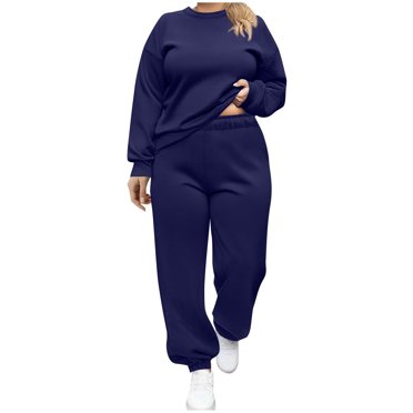 Erwazi Survêtement Grande Taille pour Femmes, Col Rond Décontracté, Chandail à Manches Longues et Ensemble de Joggers à Cordon, Tenue de Sport 2 Pcs avec Poches