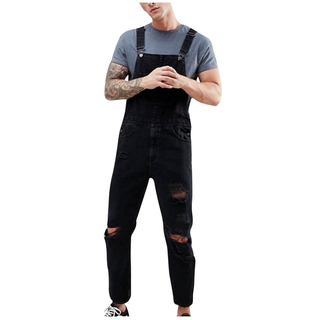 Penkiiy Men's Denim Bib Overalls Fashion Ripped Jeans Slim Jumpsuit with Pockets S Black