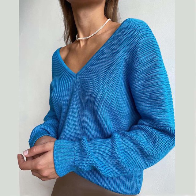 EGNMCR Chandails pour Femmes Mode Chandail Décontracté à Manches Longues Uni Tricoté à Col en V