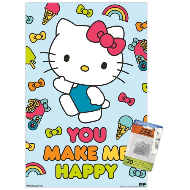 Hello Kitty - Happy Wall Poster, 22.375" x 34", featuring Hello Kitty in a blue outfit with a red bow on a light blue background decorated with colorful bows, ice cream cones, rainbows, and roller skates, with the phrase 'You Make Me Happy' in bold red, orange, and yellow letters, suitable for bedroom, kid's room, or dorm wall decor.