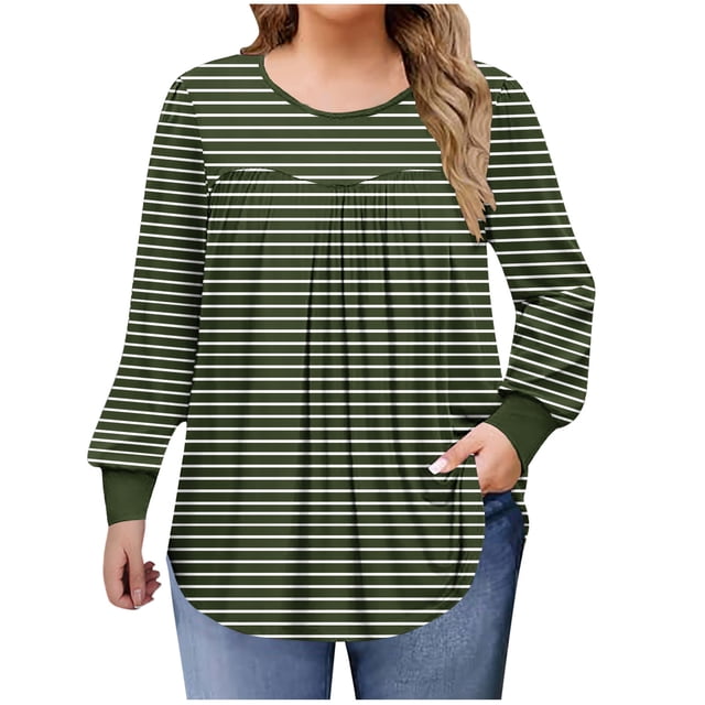 Lmnyox Hauts Grande Taille pour Femmes, Manches Longues Surdimensionnées, Col Rond, Chemises Plissées, Blouses Décontractées Mode