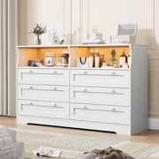 6-Drawer Dresser for Bedroom, Wood Dresser with Built-in Charging Station, Adjustable RGB Light Strips, Anti-Tip Device, Large Storage Organizer