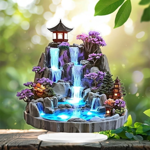 Rvkxad Fontaine d'Eau de Bureau Plate 2D, Ornement de Rocher Coulant avec Roue Feng Shui pour Salon, Fontaines de Table, Déco Zen