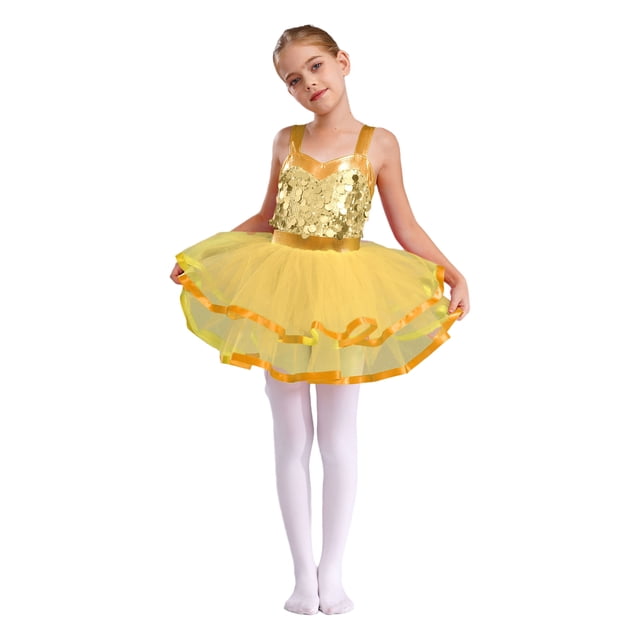 Hansber Robe Tutu de Danse pour Filles Enfants Paillettes Jazz Fête Robe de Danse Costume de Performance sur Scène Or 6