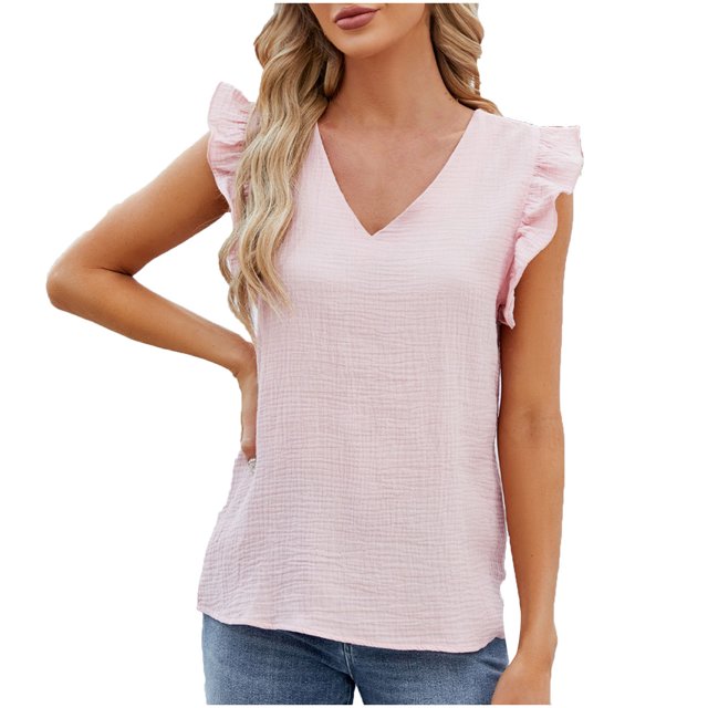 Timegard Womens Summer Tops Ruffle Cap Sleeve V-Neck Solid Color Comfy Lightweight Blouse Casual Loose Tops