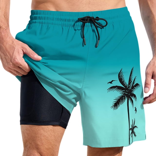 YUEVE Beach Shorts for Men 2 in 1 Compression Liner 7 Inch Inseam, Mens Swim Trunks Gradient Hawaiian Print Quick Dry Bathing Suit with Pockets Mint Green XXL