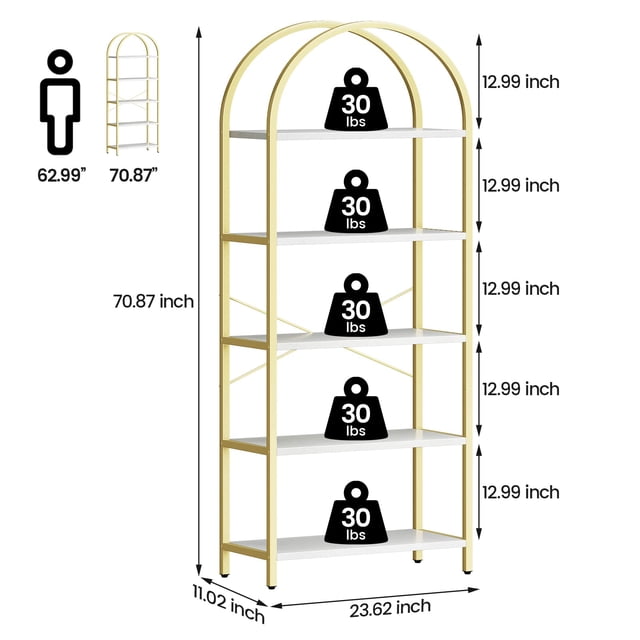 GloryStar Arched Bookshelf 5 Tier Bookcase Display Racks Tall Bookshelves Modern Storage Rack Shelf Large Wood Book Shelf for Bedroom, Living Room, Home Office