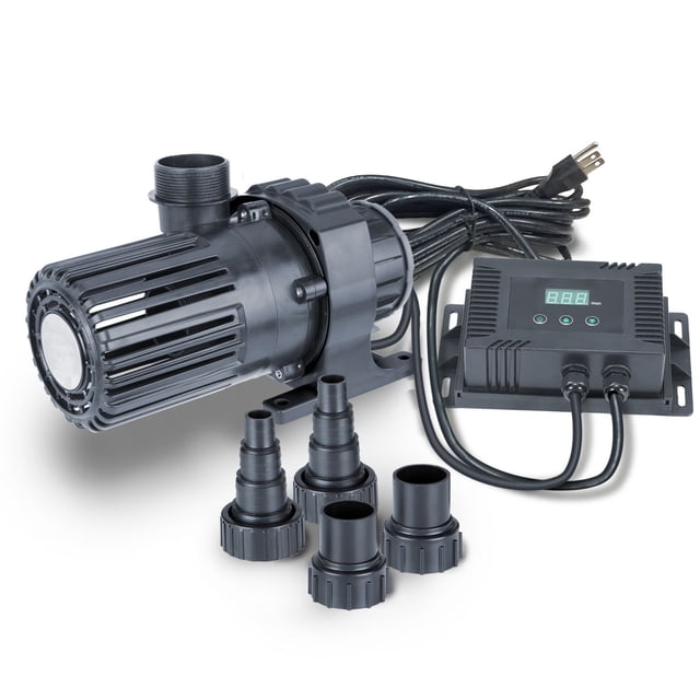 Angelo Décor International Inc Angelo Décor 3000 Gallon per Hour Pond Pump with black cylindrical housing and integrated pre-filter, four barbed fittings in 1 inch and 1.5 inch sizes, and a black digital control box with LED display and exterior controls for adjustable water flow, designed for quiet, efficient pond use and compatible with most pond equipment.