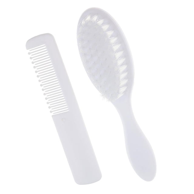 Baby Hair Brush and Comb Set for Newborn, featuring a smooth white hairbrush with soft bristles and a matching white comb with rounded teeth. Designed for gentle scalp care, massaging, and maintaining a clean head for babies. Brush measures 15.5x4x2.5cm, and comb measures 13.5x2.5cm. Suitable for newborn grooming and scalp massage.