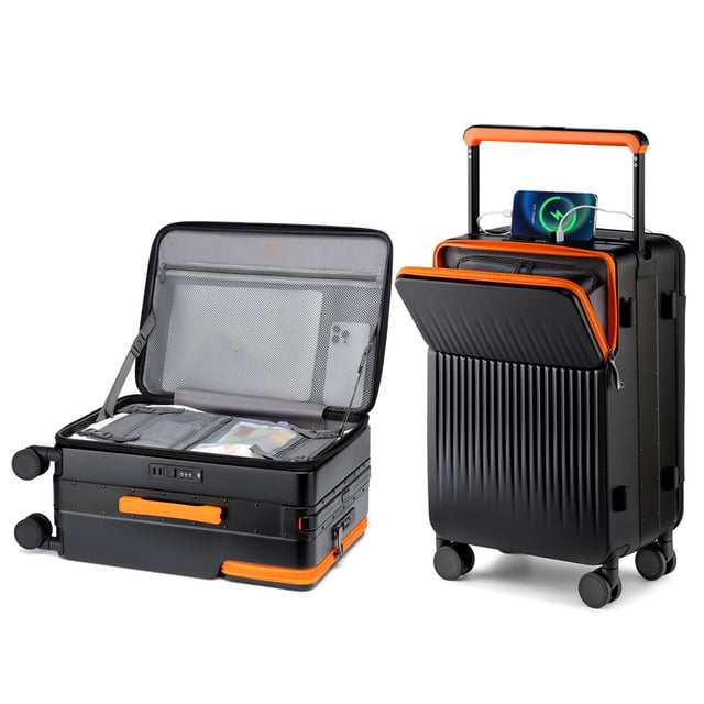Joyway Valise Cabine Légère de 20 Pouces avec Coque Rigide en PC Noire durable, accents orange et dimensions Approuvées par les Compagnies Aériennes. Comprend un port de Chargement USB, des Verrous TSA Doubles et des Roues Pivotantes à 360° pour des Voyages Fluides. la Valise a une Conception à Double Ouverture avec un Compartiment avant pour un Accès Facile et une section Arrière pour Ordinateurs Portables jusqu'à 15,6 Pouces. l'Intérieur Comprend un Sac de Toilette Détachable, des Sangles Croisées et des Compartiments Zippés pour un Emballage Organisé, Idéal pour les