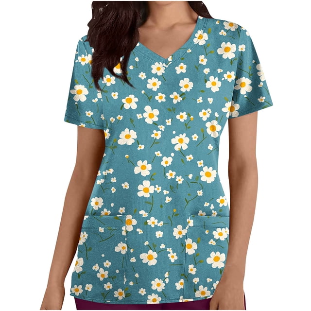 Pisexur Womens Scrub Tops Boasting Colorful Floral Prints Along With Short Sleeve Scrub Tops Suitable for Nursing Uniforms With Convenient Pockets