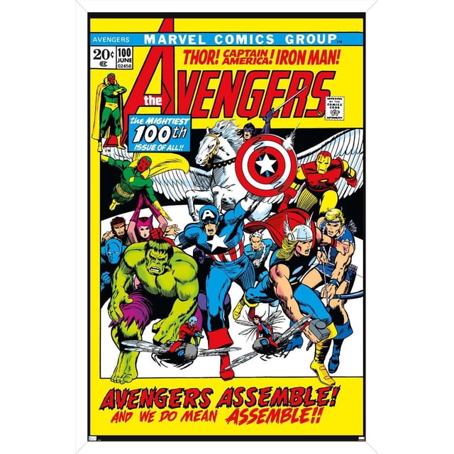 Marvel Comics - Avengers #100 Wall Poster, 22.375" x 34" depicting a classic comic book cover with Avengers superheroes including Captain America holding his shield, Thor wielding Mjolnir, Iron Man in red and yellow armor, Hulk, Hawkeye with bow, and Ant-Man riding an insect, set on a bright yellow background with bold red text 'Avengers Assemble! And we do mean Assemble!!'.