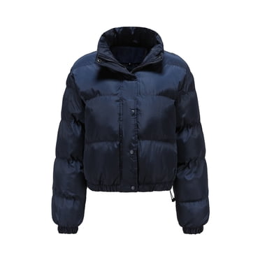 IROINID Women's Short Puffer Coat Solid Color Long Sleeve Warm Hoodless Jacket Slim Winter Outwear Coats, Dark Blue