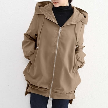 Mceream Women's Hooded Trench Coat Zip Up Long Sleeve Lightweight Windbreaker 2025 Fall Winter Outerwear with Pockets Plus Size Outfits Clothes Chaquetas Para Mujer Coffee L