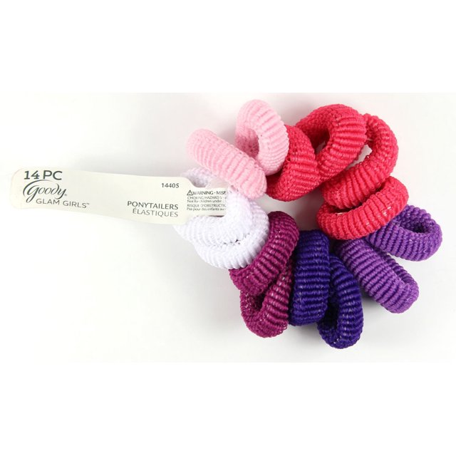 Goody Boîte d'Étagère Wmt Pony O's - Ensemble Assorti de 14 Pcs d'Élastiques Doux Recouverts de Tissu pour Queue de Cheval en Couleurs Assorties Rose, Rouge, Blanc, Bourgogne, violet et violet, Conçus pour les Cheveux Fins à Fins afin de Créer des Coiffures Sans Enchevêtrement et Sans Douleur, Présentés en Grappe Gros Plan sur Fond Blanc.