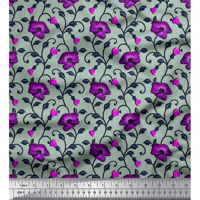 Soimoi Crepe Silk Fabric Leaves & Floral Artistic Fabric Prints by Yard 42 Inch Wide