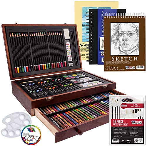 US Art Supply 162 Piece-Deluxe Mega Wood Box Art, Painting & Drawing Set with a premium wooden storage case. Includes watercolor paints, oil pastels, colored pencils, wax crayons, graphite pencils, brushes, sketch pads, watercolor paper, and a mixing palette. Perfect for aspiring artists, art students, and professionals seeking comprehensive art supplies.
