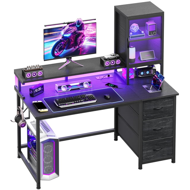 Exenoray Computer Desk with Drawers & Shelves, Home Office Desk with LED Lights and Power Outlet, 19.7" W x 47.3" D x 52.6" H Desk with Monitor Stand, Black