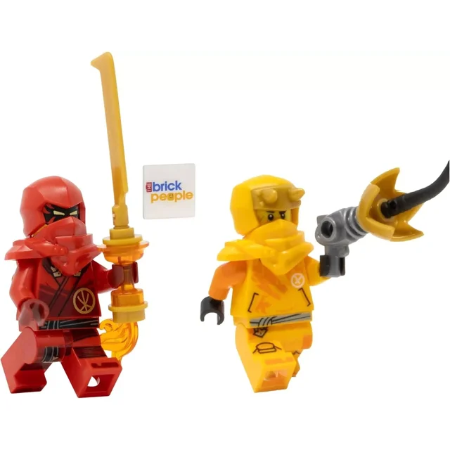 LEGO Ninjago Dragons Rising Combo Pack with Kai and Arin minifigures. Kai, in red, holds a flaming sword, while Arin, in yellow, wields a claw weapon. Includes a 'The Brick People' tile. Compatible with standard LEGO sets and packaged in LEGO paper packs.