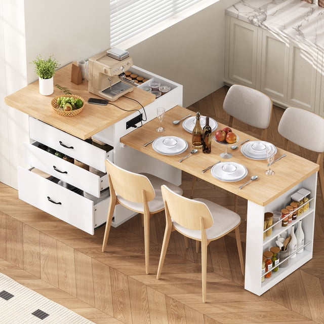 Noble House Horizon Kitchen Island on Casters,Extendable Dining Table with LED Lighting & Power Strips,Bar Buffet Table,Creamy White + Natural