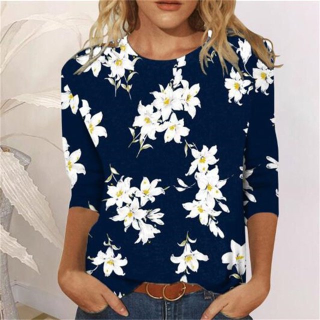 TIMIFIS Hauts pour Femmes Manches 3/4 Décontractés Coupe Ample Tuniques Col Rond T-shirt Automne