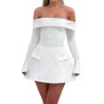 thumbnail image 3 of Robe Mini pour Femmes à Épaules Dénudées à Manches Longues Robe Trapèze Courte Robes Formelles Tenue de Fête Boîte de Nuit Blanc m, 3 of 8