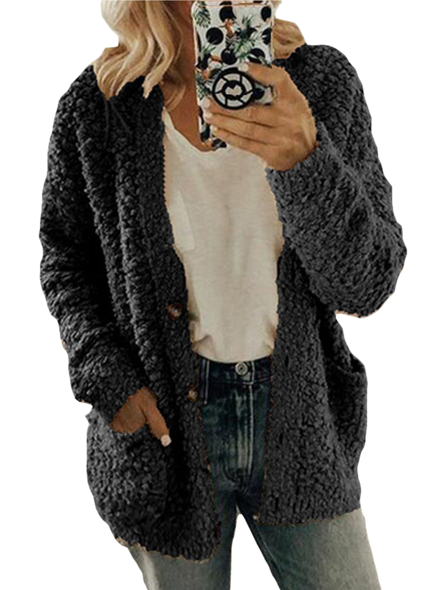 Innerwin Jacket Cardigan Ladies Outwear Party Long Sleeve Fluffy Coat Black XXL