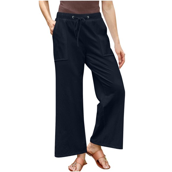 QATAINLAV Cotton Linen Beach Pants with Pockets for Women Loose Fit Drawstring High Waist Trousers Business Casual Work Pants Navy XXXL Purses for Women Clearance