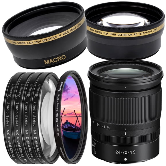 Nikon NIKKOR Z 24-70mm f/4 S Lens with Essential Filter Bundle - Includes: High Definition .43X Wide Angle Lens with Macro, Professional UV Filter, Multi-Coated 2.2X Telephoto Lens, and MUCH MORE
