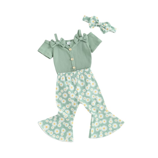 Gupgi 2Pcs Newborn Baby Girls Spring Outfits Infant Short Sleeve Rib Romper + Daisy Flare Pants + Headband Set