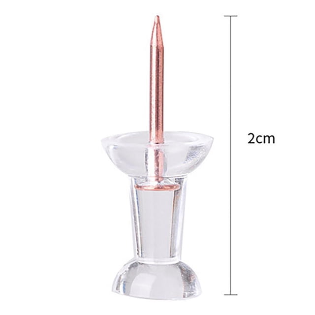 Thumb Tacks 60 Pcs Push Pins made of transparent acrylic with rose gold stainless steel needle tips, measuring 2 cm in length. Suitable for corkboards, maps, calendars, and craft projects. Includes a plastic storage box for organization. Keep out of reach of children due to sharp tips.