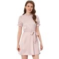 thumbnail image 1 of INSPIRE CHIC Robe Satinée à Manches Courtes Bouffantes pour Femme, Col Montant à Volants, Taille à Nouer, Rose, P, 1 of 5