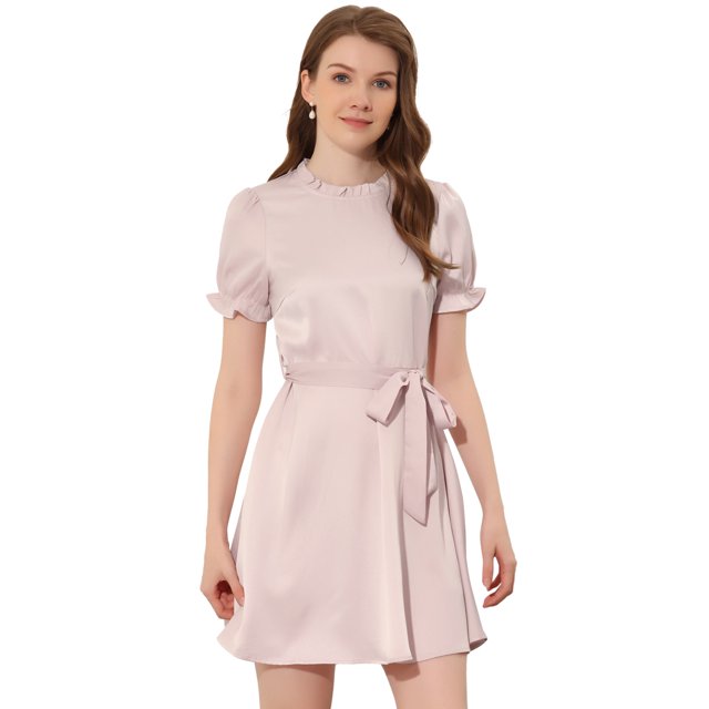 INSPIRE CHIC Robe Satinée à Manches Courtes Bouffantes pour Femme, Col Montant à Volants, Taille à Nouer, Rose, P