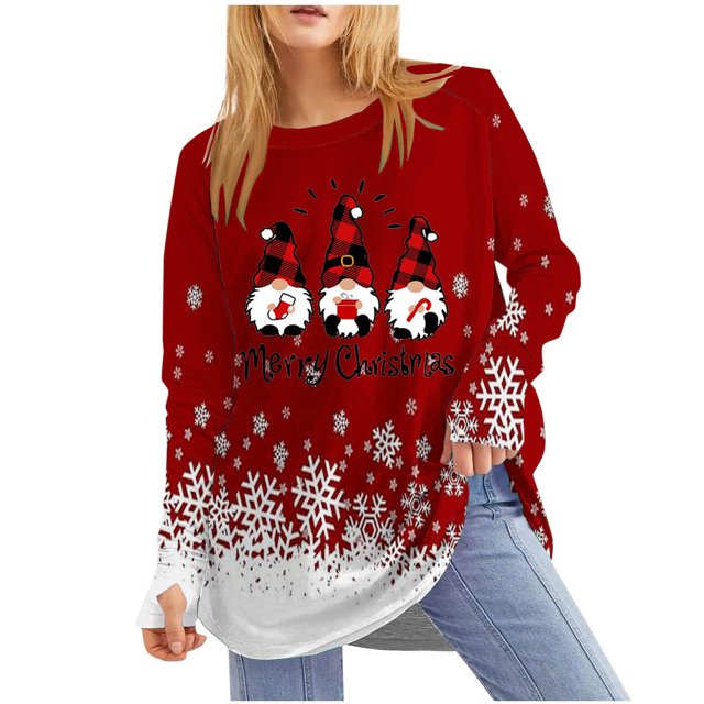 Hauts de Noël pour Femmes Haut à Imprimé de Noël pour Femmes Col Rond Manches Raglan Manches Longues Haut à Manches avec Passe-Pouce Hauts de Noël pour Femmes
