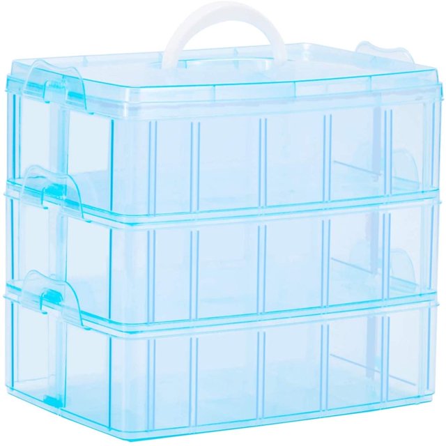 EIGTHTAIL Casewin 3 Tier Blue Transparent Plastic Stackable Storage Box - Adjustable Compartment Slots - Max 30 Compartments - Container for Storing & Organising Toys Jewellery Beads A
