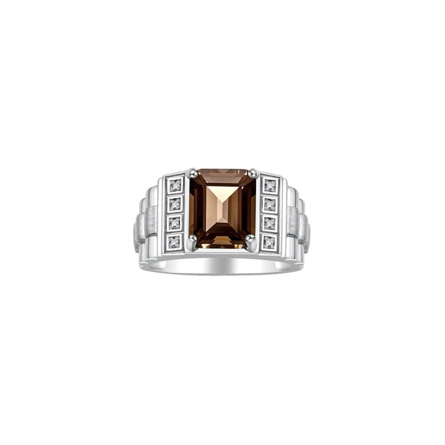 RYLOS Men's Rings Sterling Silver Designer Style 10X8MM Emerald Cut Shape Gemstone & Diamonds Smoky Quartz June Birthstone Rings For Men Size 13