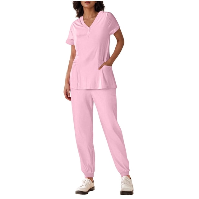 Yanlir Ensemble Deux Pièces pour Femmes, Blouse à Manches Courtes Boutonnée, Couleur Unie, Col en V et Pantalon à Bas Resserré, Mode (Rose, TG)