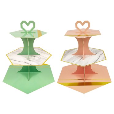 2 Pcs Supports à Gâteaux en Papier Doré 3 Niveaux Support de Rangement Jetable pour Cupcakes Hexagonal (Rose+vert)