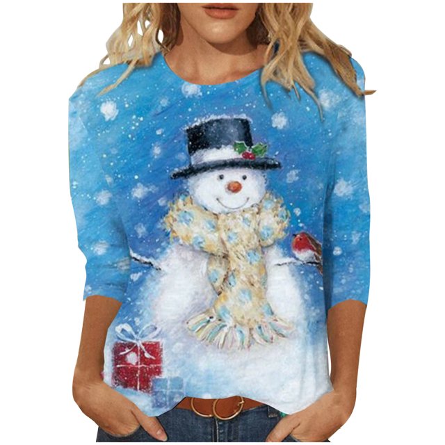 IROINID Chemises de Noël en Solde pour Femmes Blouse à Manches Longues Col Rond Imprimé, Bleu
