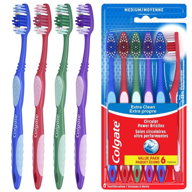 Colgate Extra Clean Full Head Toothbrush, Medium - 6 Count with six manual toothbrushes in blue, red, green, and purple featuring circular power bristles to remove tooth stains, tongue cleaners to reduce odour-causing bacteria, and easy-grip handles, shown individually and in retail packaging.
