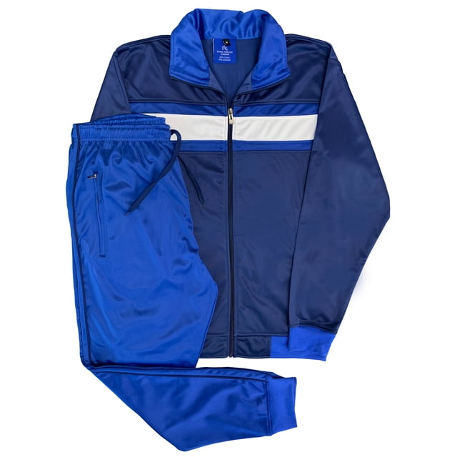 Men's Tracksuit Contrast Color 2-piece Set featuring a full-zip activewear jacket with two zippered side pockets and matching track pants with an elastic waist, adjustable drawstrings, and zippered side pockets. The set is designed in a premium 250GSM fabric with a striking contrast color pattern in shades of blue and white. Ideal for athletic or casual wear.