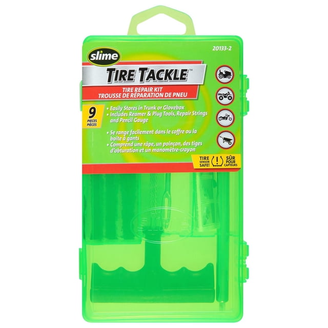 Slime Tire Tackle Tire Repair Kit in a translucent green plastic case with handle, containing reamer and plug tools, repair strings, and pencil gauge, designed for trunk or glovebox storage, TPMS safe, ideal for automotive tire repair and maintenance.