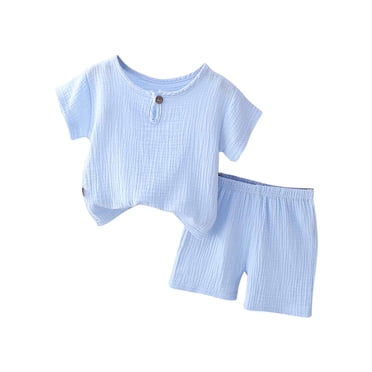 Penkiiy Ensembles Unis pour Enfant Été Tout-Petit Enfants Bébé Ensemble Garçons Décontracté T-shirt en Crêpe de Gaze Uni Manches Courtes Ensemble de Shorts Bleu Pâle 12-18 Mois