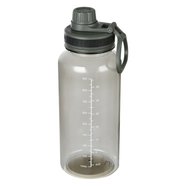 Mainstays 34 oz black plastic wide mouth sports water bottle with twist top lid, featuring clear measurement markings in milliliters and ounces on the transparent body, a secure dark grey lid with textured grip and attached carrying handle, ideal for tracking hydration during gym, office, or outdoor activities.