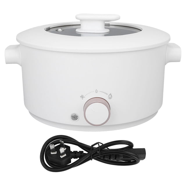 Multi-Function Cooker, Portable Electric Hot Pot with Non-Stick Surface, designed in a sleek white finish with a transparent lid and adjustable power dial. Includes a detachable power cord for use as an electric food warmer in dorms, offices, camping, or travel. Features overheat and boil-dry protection for safe cooking. 3L capacity.