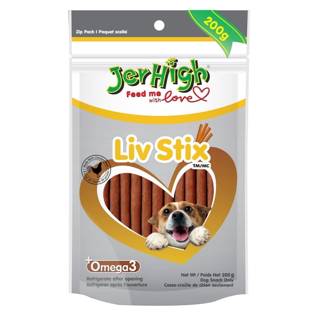 JerHigh Liver Stix dry dog snack 200g resealable pack with chicken meat-based stick treats visible through a heart-shaped window, enriched with Omega 3 for dog health, featuring a happy dog image on the front.